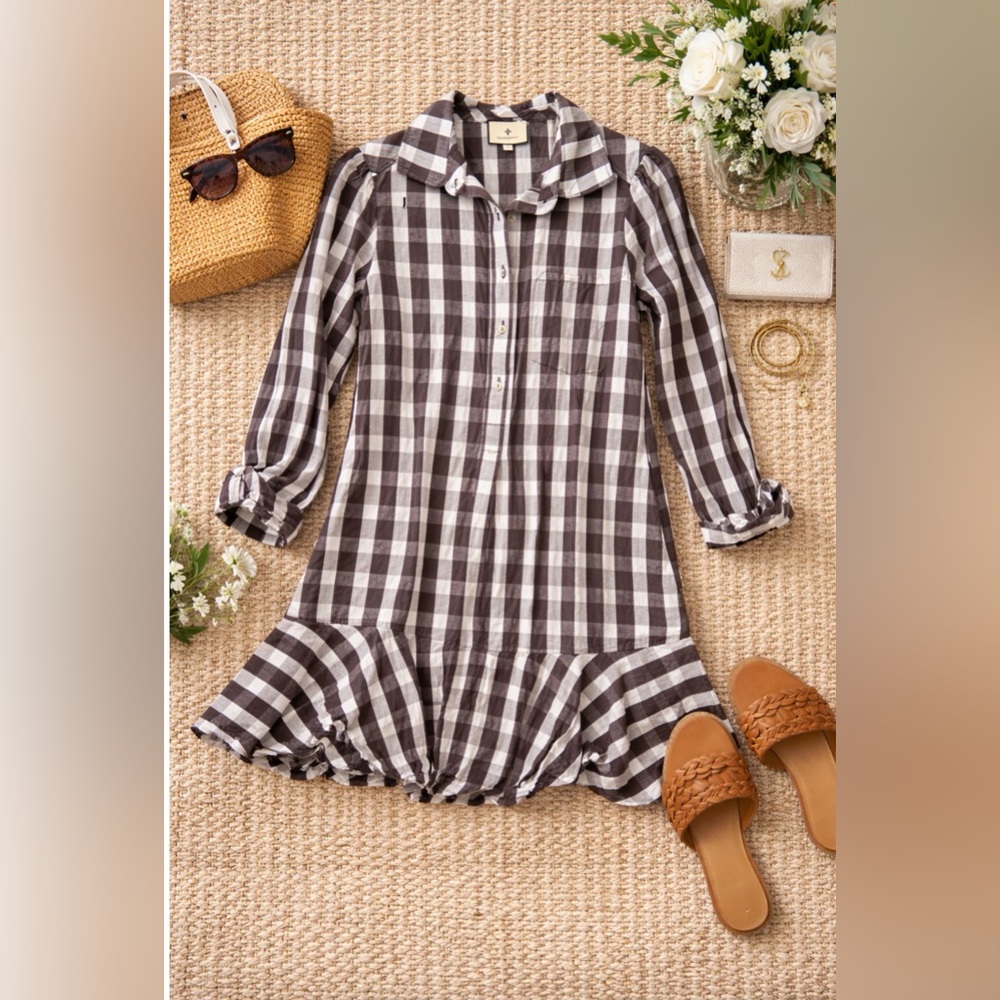 Tuckernuck Gingham Ruffle Hem Tunic Dress Top Brown White Size L Preppy Chic
